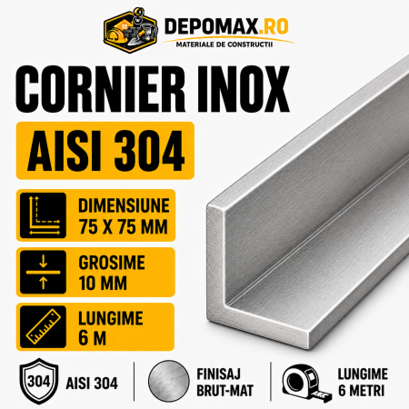 Cornier inox AISI 304, 75 x 75 x 10 mm, 6 metri